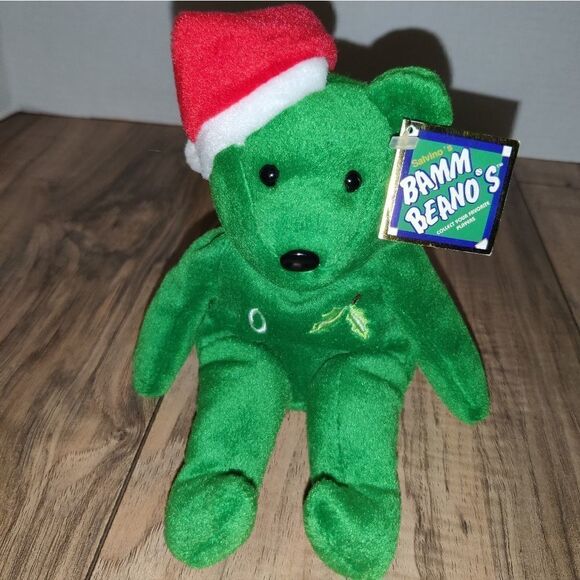 Bamm Beanos Green Christmas Teddy Plush Chipper Jones #10 Issued on Dec. 1998. - Picture 1 of 7
